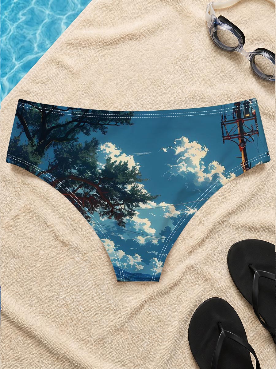 A cozy roadside shop under a vast sky, illuminated by warm lights and framed by a large tree and distant mountains. -  Men's swim trunks