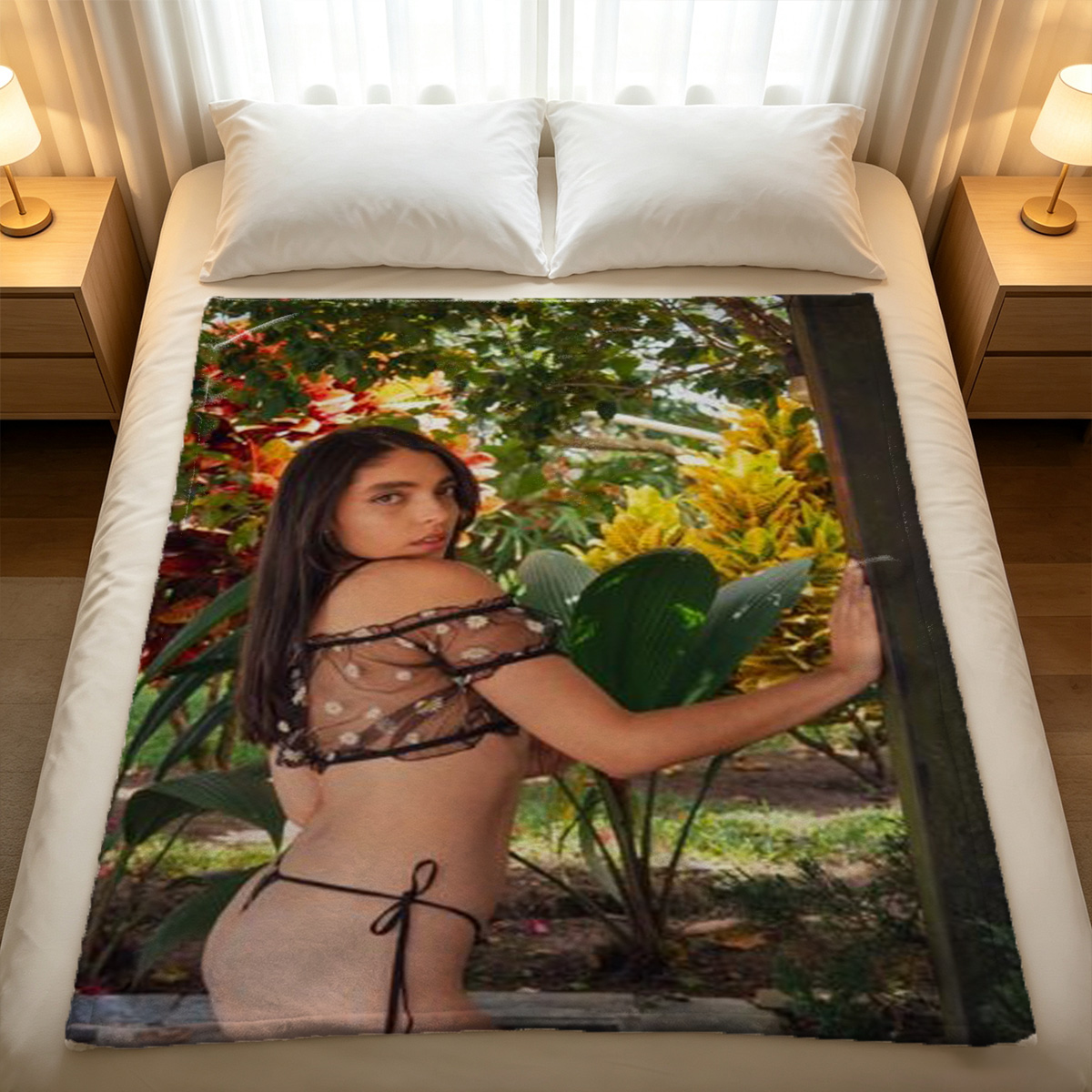 Nude Redhead Sitting on Red Velvet Chair by Fireplace - Blanket
