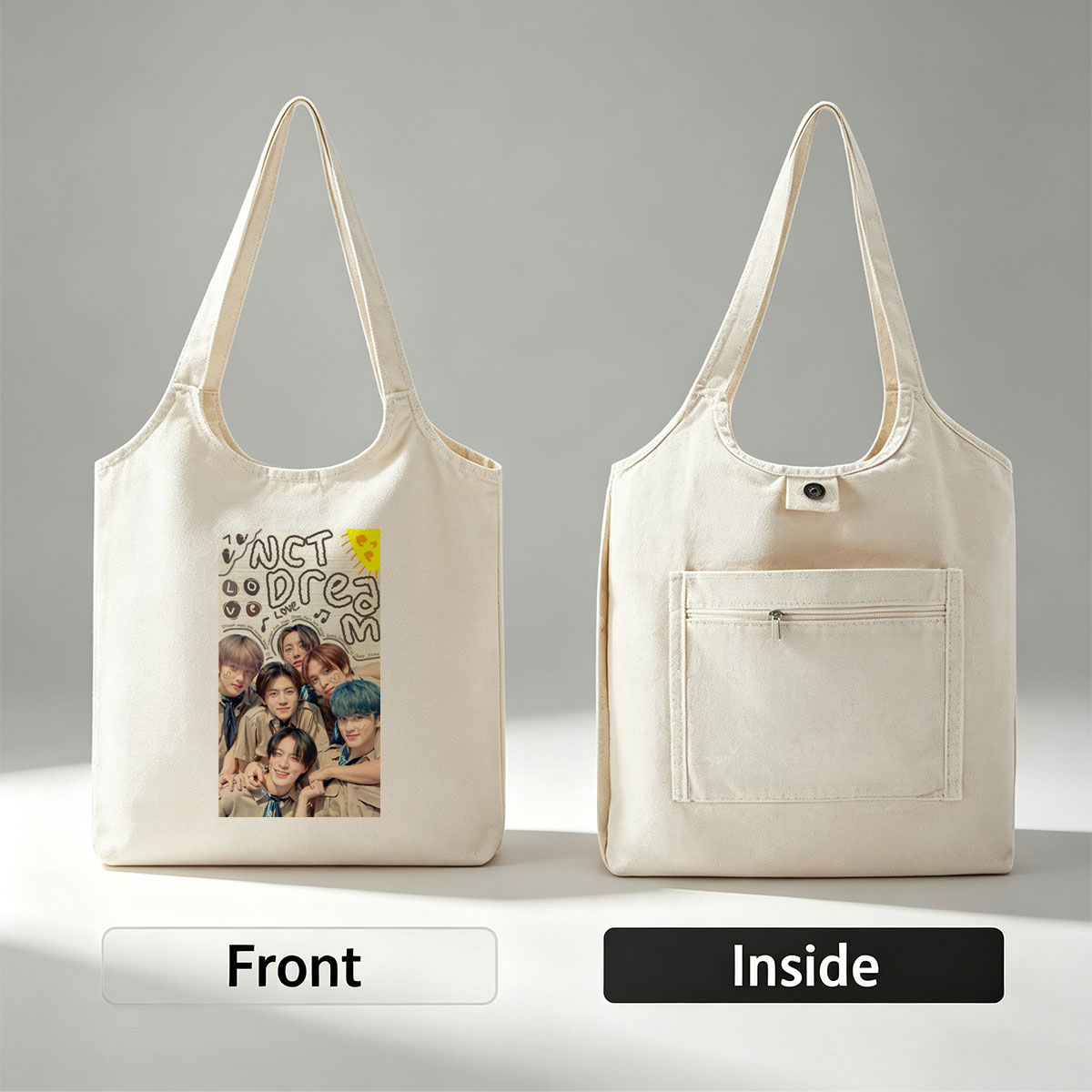NCT Dream Group Photo with Handwritten Notes and Heart Drawings on Lined Paper Background - Canvas shoulder bags/