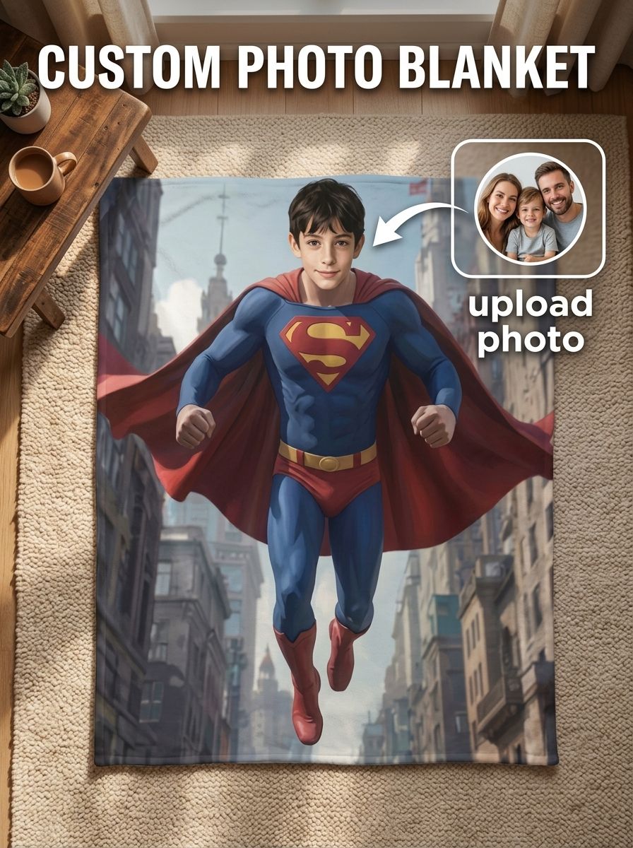 Custom Face Superhero Flannel Blanket Personalized Flying Hero Photo Throw Cozy Plush Bed Couch Gift