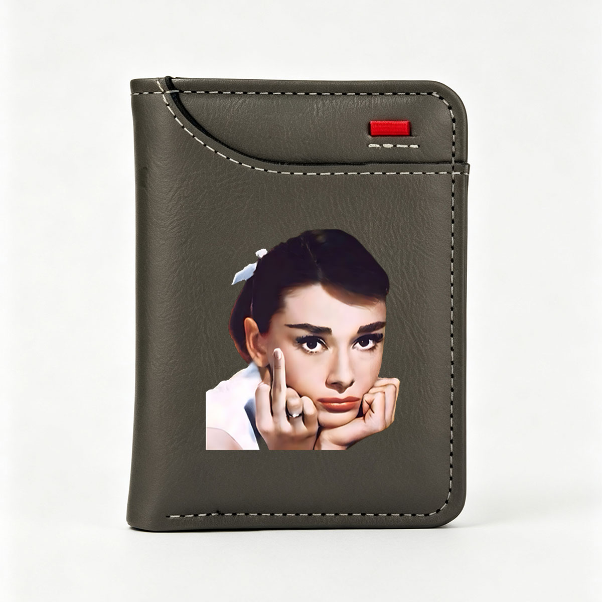 Audrey Hepburn in a classic pose with elegant makeup and a white bow in her hair - Vertical Style Wallet