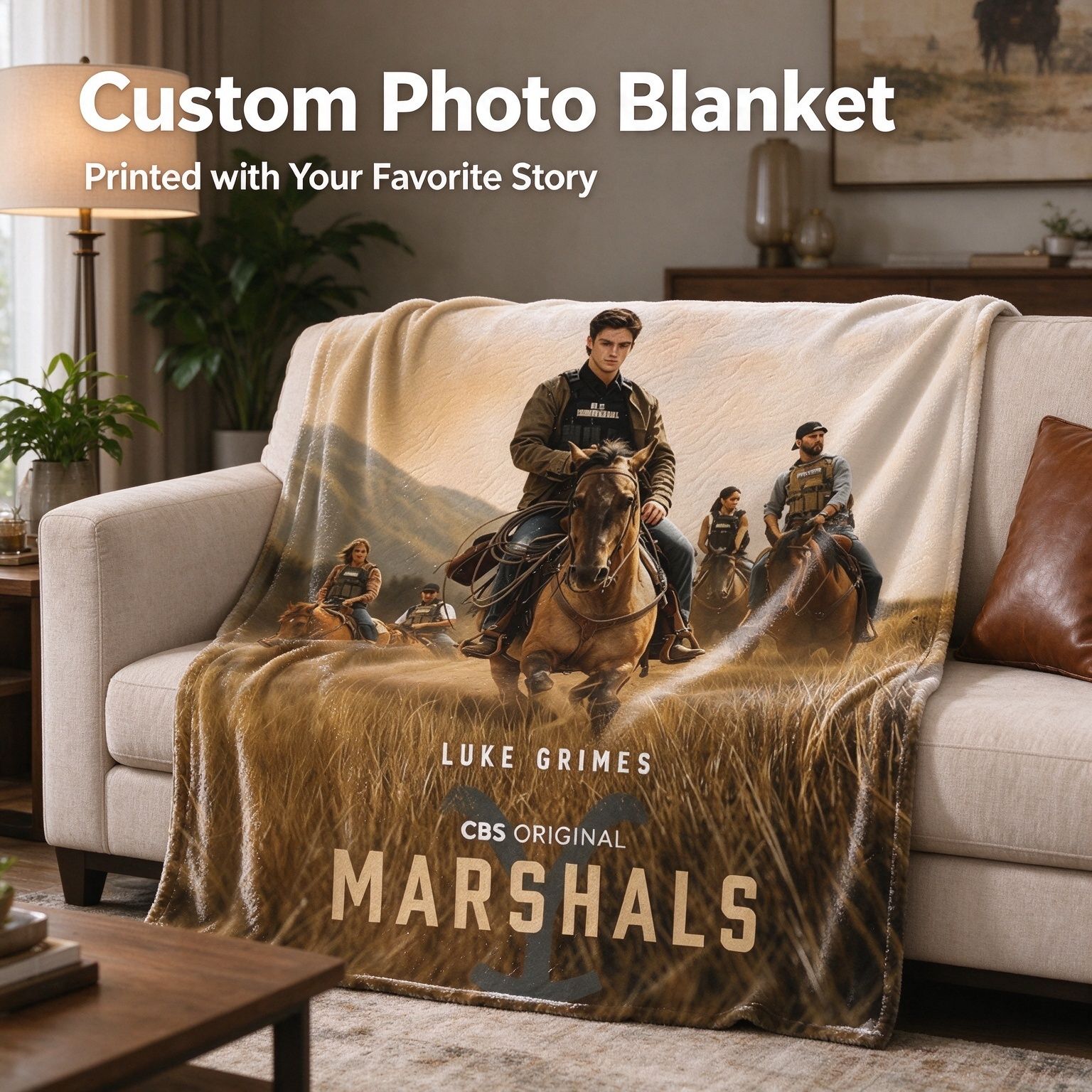 Custom Photo Face Blanket Personalized Western Marshals Cowboy Horse Graphic Ultra Soft Flannel Throw Fleece Blanket