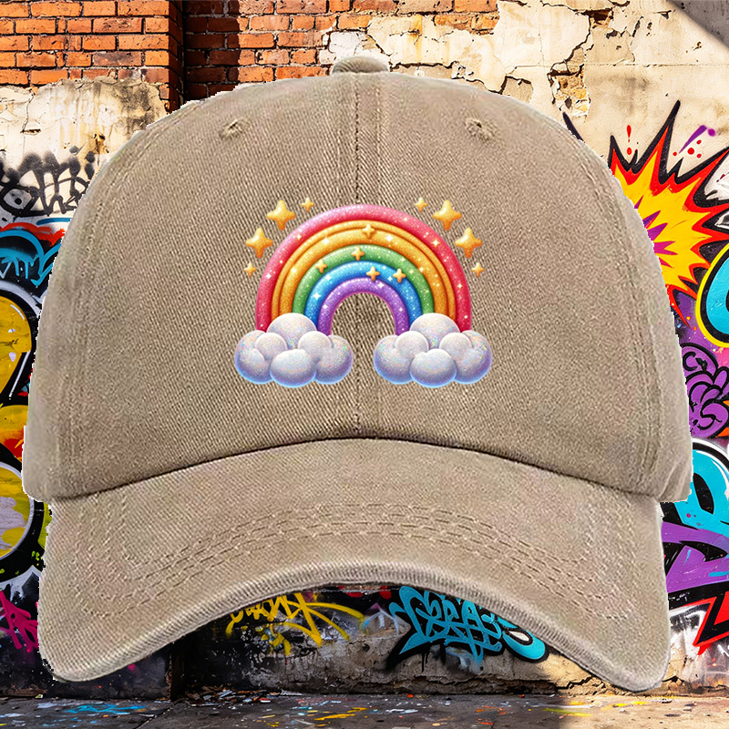 Men's Printed Washed Cap Rainbow Stars Clouds Design Casual Round Brim Summer Lightweight Hat for Outdoor Activities and Daily Wear, Suitable for Adults Seeking Fun and Comfortable Headwear