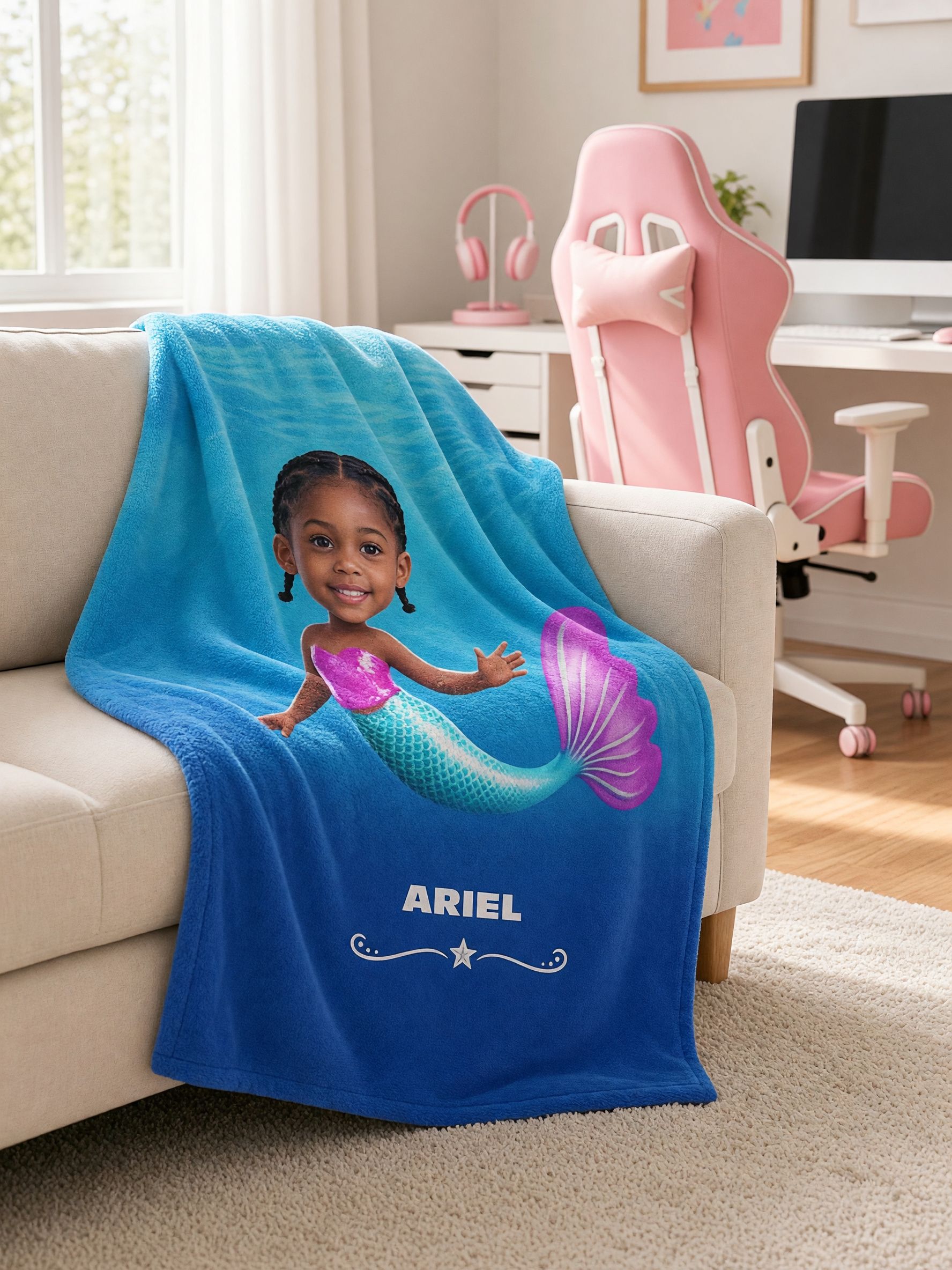 Custom Face Mermaid Blanket Personalized Photo Flannel Fleece Throw, Ideal Cozy Gift for Kids and Toddlers