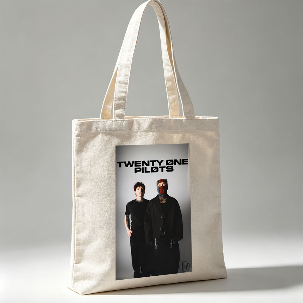 Twenty One Pilots Standing in Black Outfits with One Member Wearing a Mask and the Band Name Displayed Above Them - Canvas tote bags