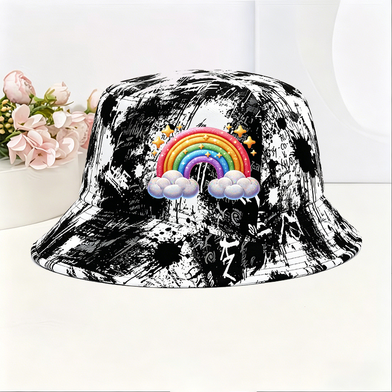 Unisex Classic Graffiti Bucket Hat with Rainbow Cloud Print and Sparkle Stars Design | Casual Outdoor Sun Protection Hat for Men Women | Perfect for Beach Travel Daily Wear