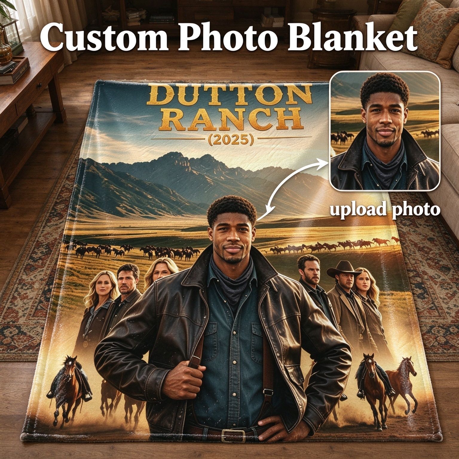 Custom Photo Face Flannel Blanket Personalized Western Cowboy Mountain Landscape Plush Fleece Bed Sofa Throw Blanket