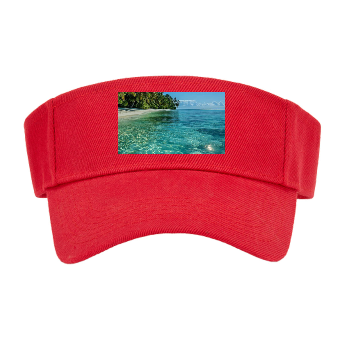 Crystal-clear turquoise waters meet a pristine white sand beach lined with lush palm trees under a bright blue sky. -  Visor cap