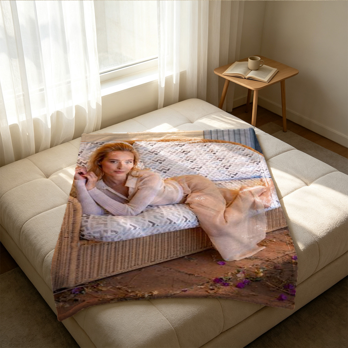 Japanese AV idol Ria Kurumi in white lace micro bikini on white couch - Blanket