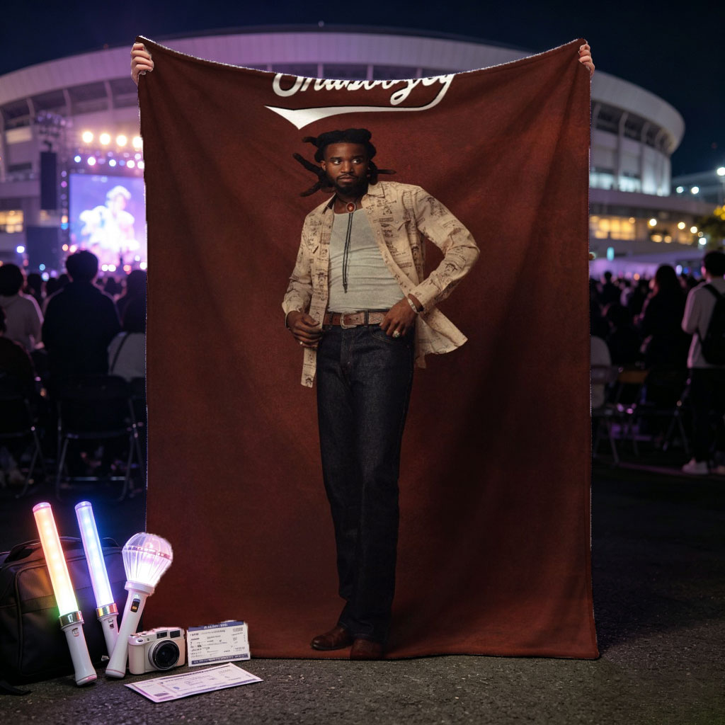 Shaboozey Standing Confidently in a Patterned Jacket and Jeans Against a Rich Red Background - Blankets