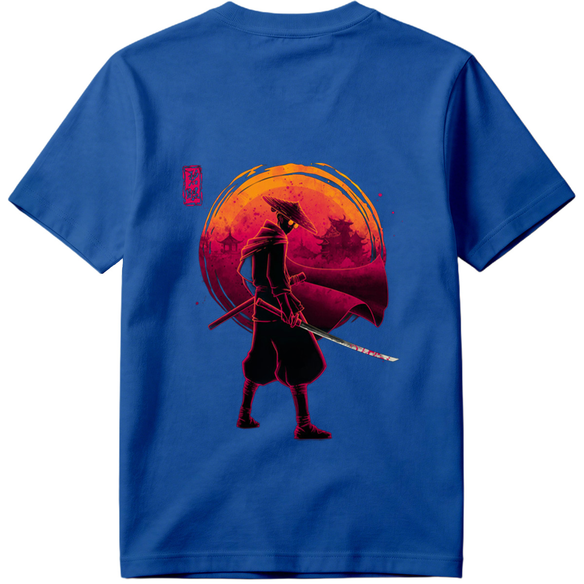 Samurai Warrior with Bloodied Sword Against Crimson Moon - Tee