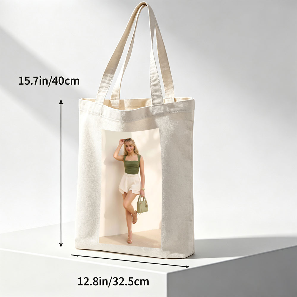 Sabrina Carpenter in a stylish summer outfit featuring a green ruched top and white shorts, accessorized with a matching handbag and gold heels. - Canvas tote bags