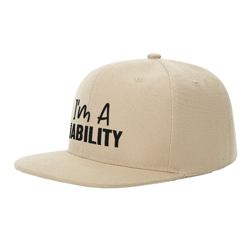 Flat Brim Baseball Cap I'm A LIABILITY Print Streetwear Underground Skate Style for Basketball Court Skate Park Urban Lifestyle Skaters Rappers Streetwear Enthusiasts