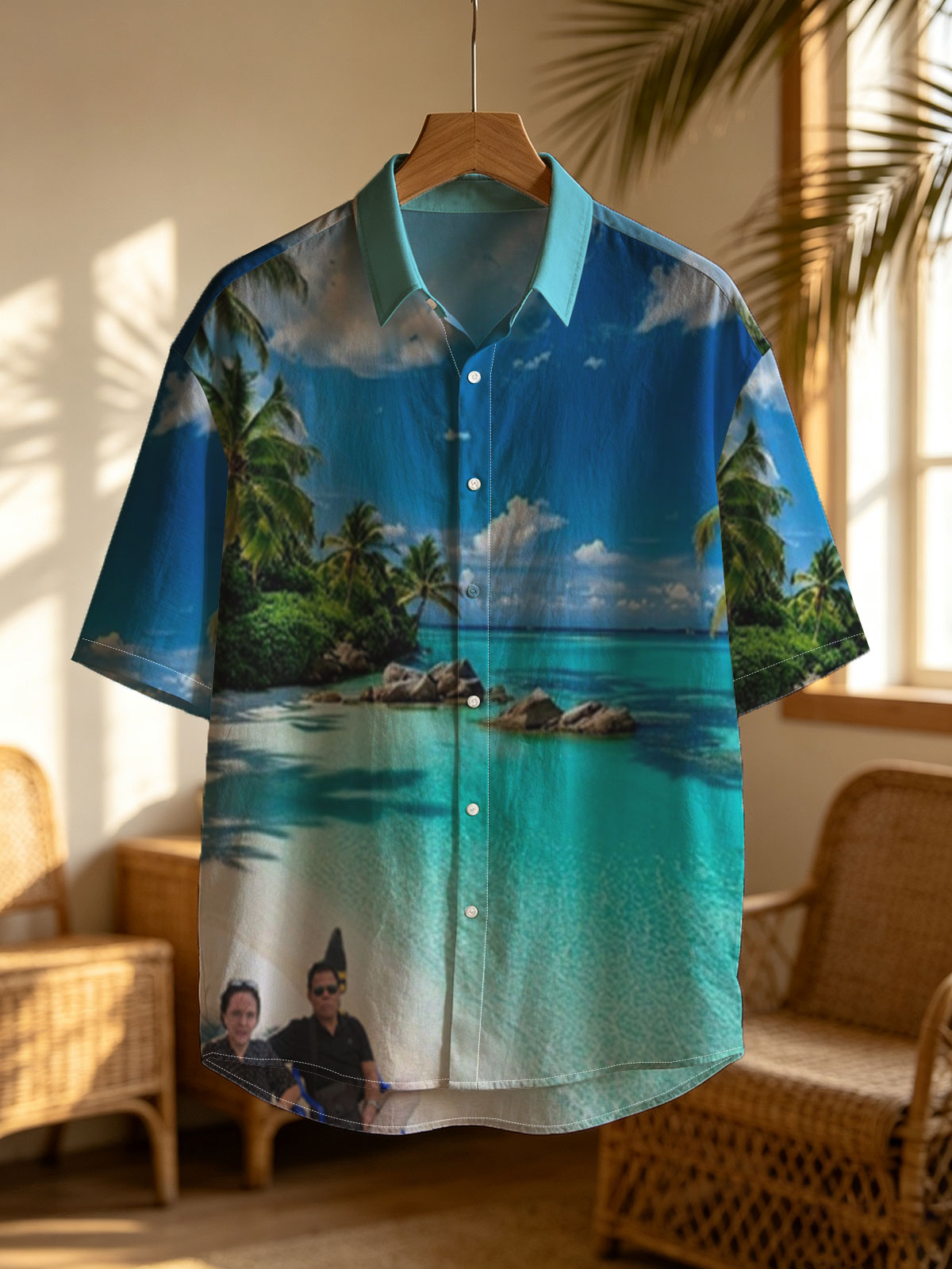 Couple relaxing on a tropical beach with turquoise waters and palm trees -  Shirt
