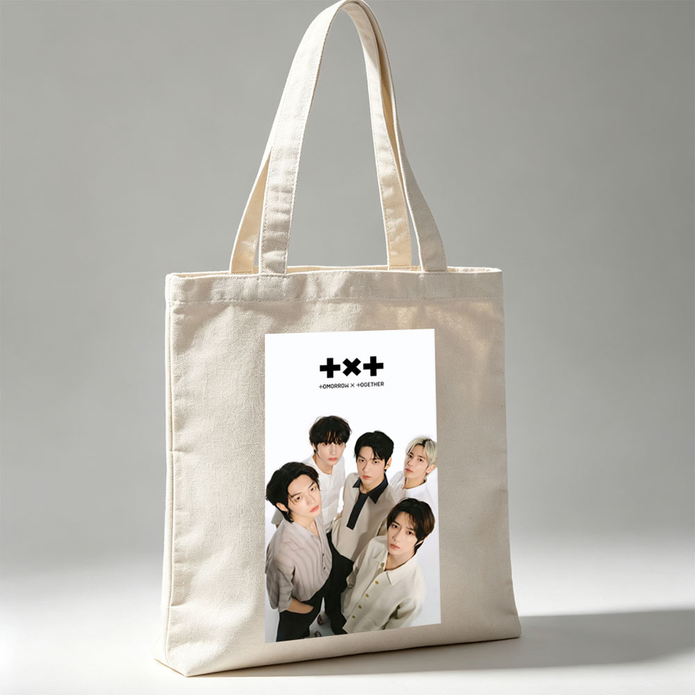 Tomorrow X Together Group Portrait in Minimalist White Outfits on Clean Background - Canvas tote bags