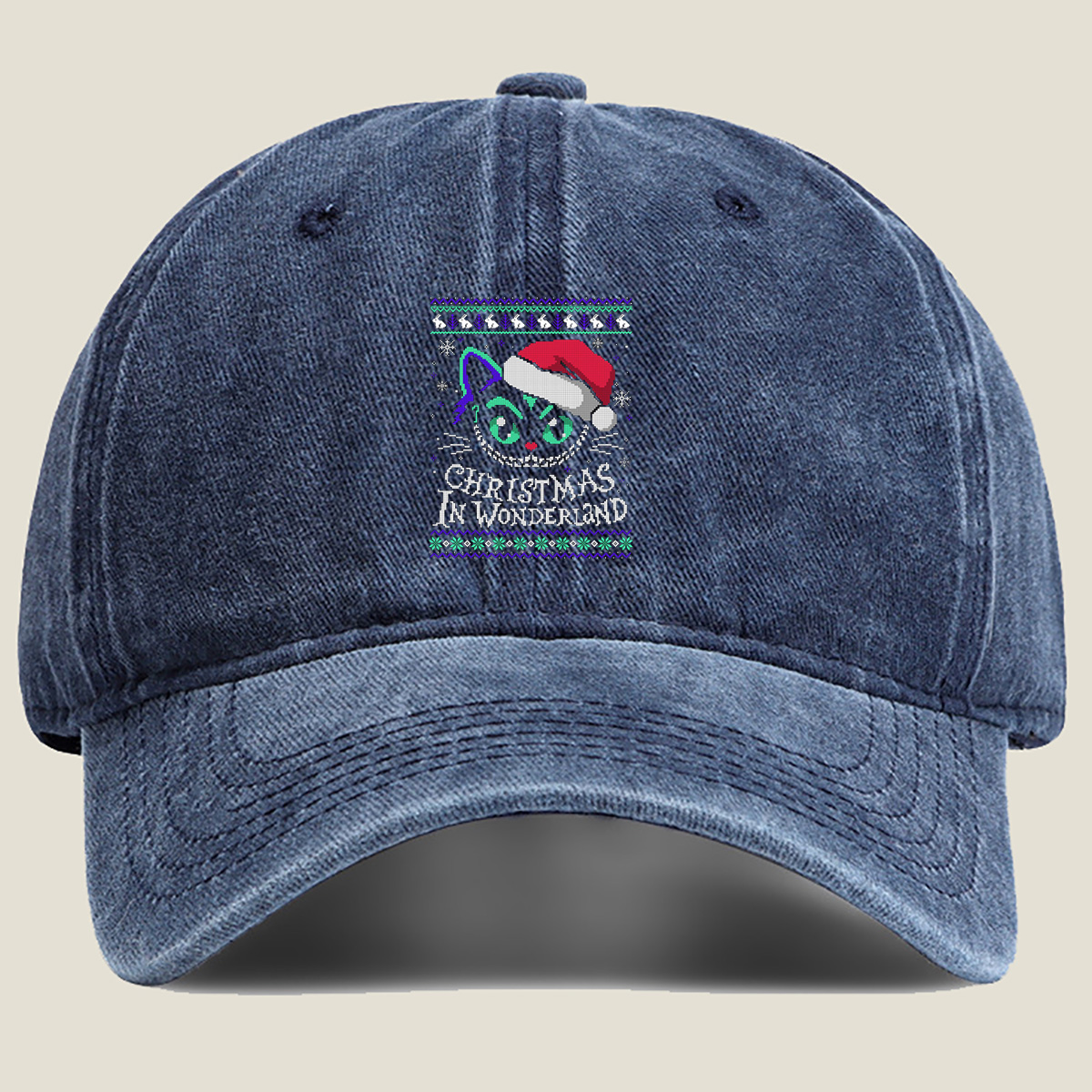 Christmas in Wonderland: Cheshire Cat Ugly Sweater Design - Washed Denim - Baseball Cap