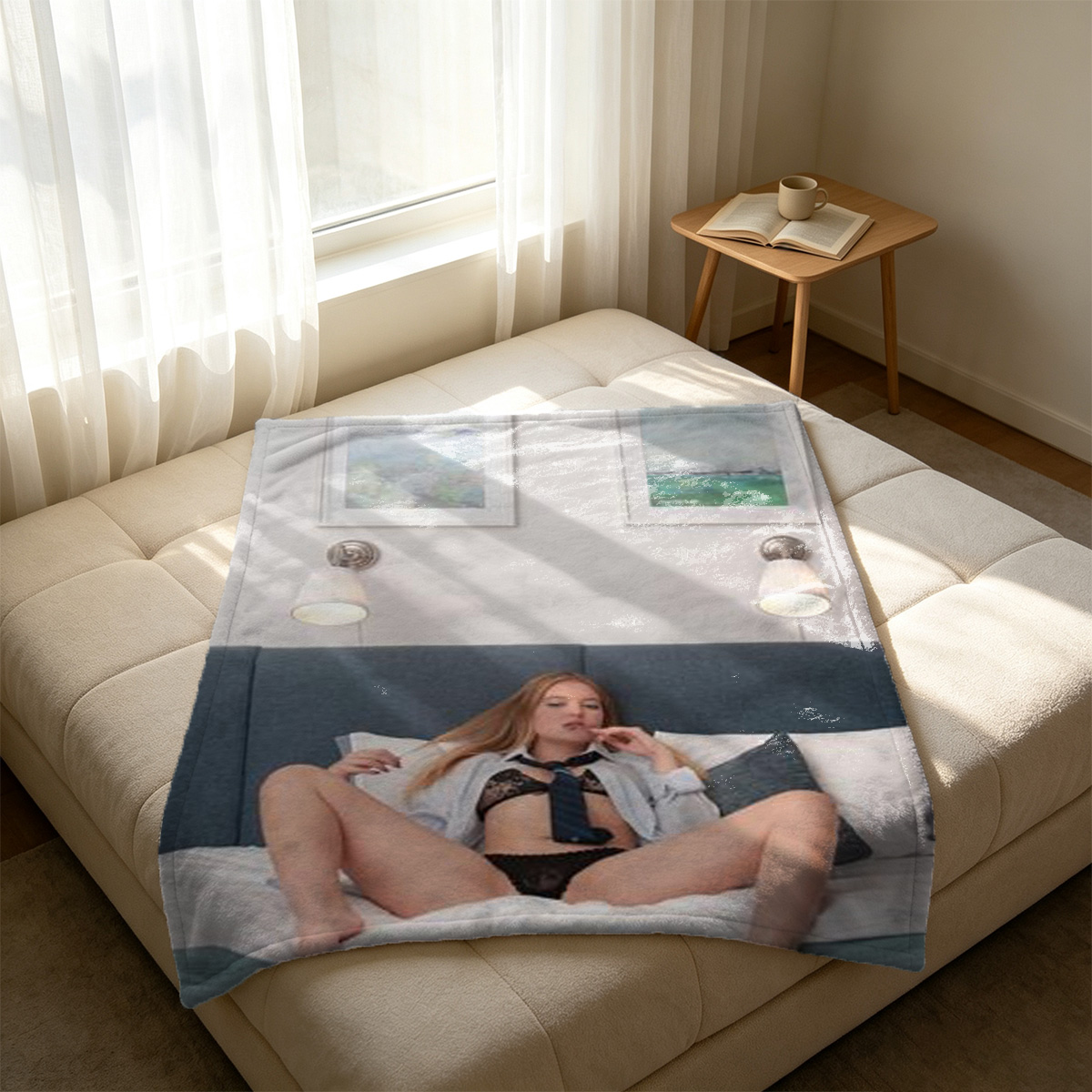 Blonde in white lace lingerie and gold satin slip, pulling down panties in kitchen. - Blanket