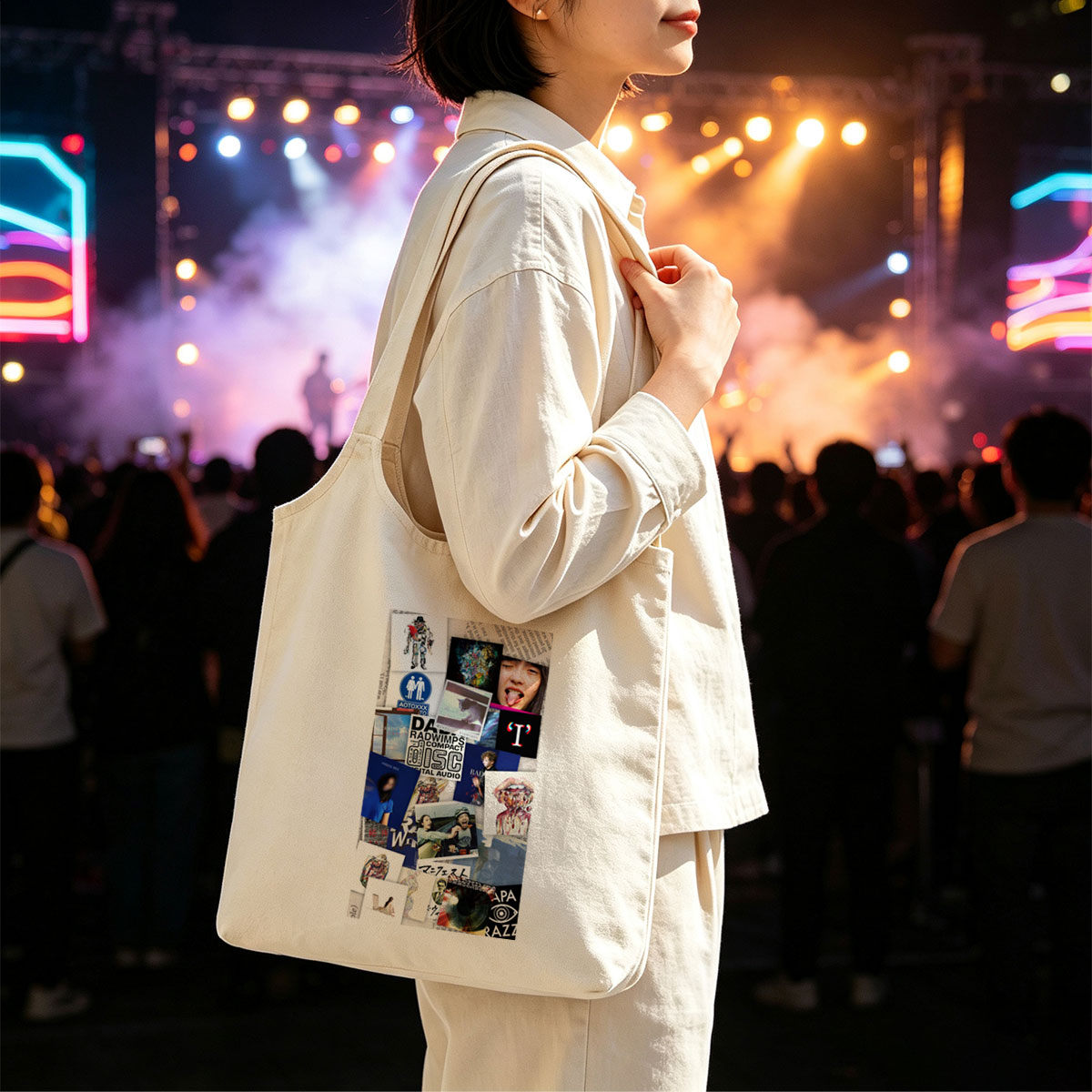 RADWIMPS Music Collage Featuring Album Art, Band Members, and Abstract Imagery - Canvas shoulder bags/
