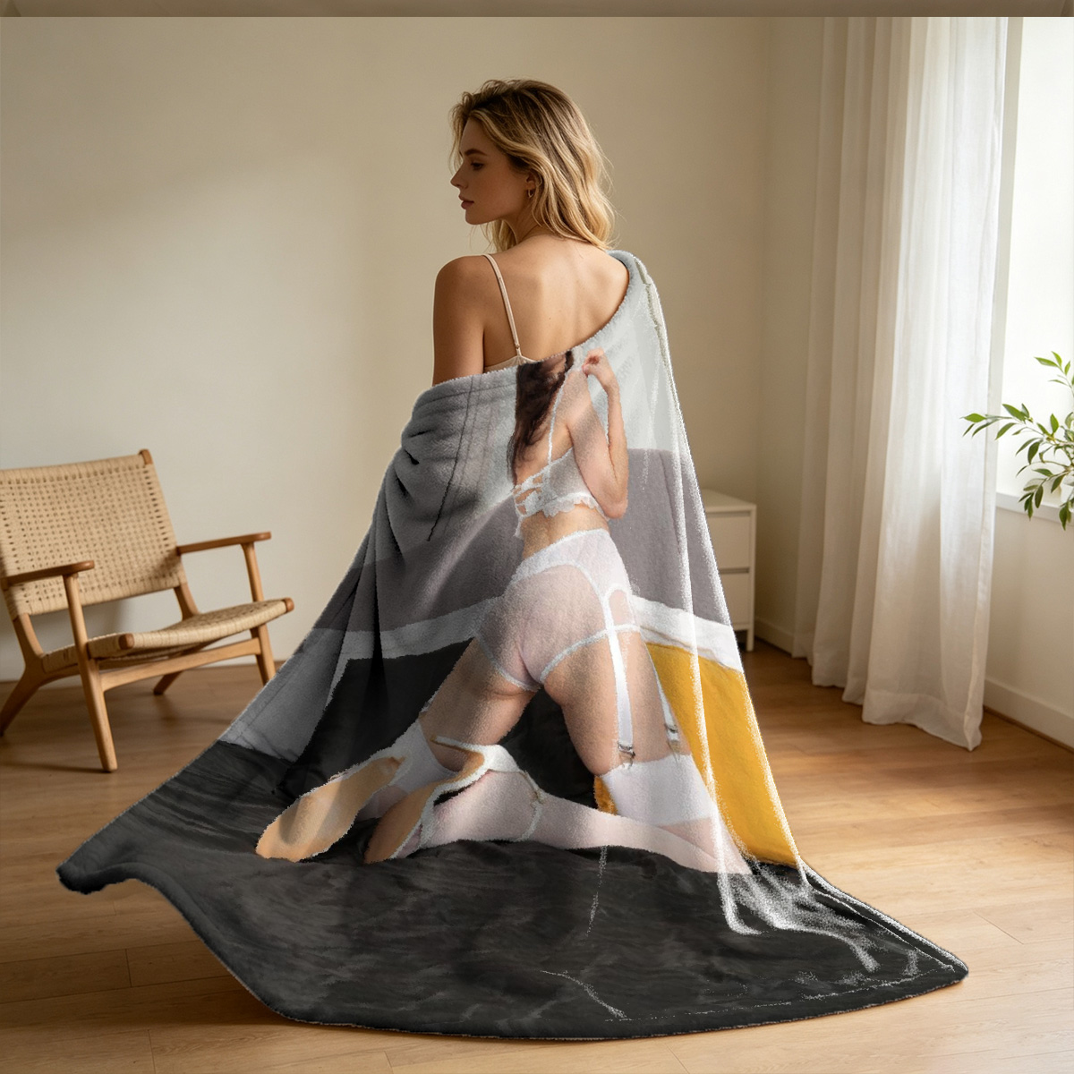 Nude woman in high heels walking on a rocky pier by a sailboat. - Blanket