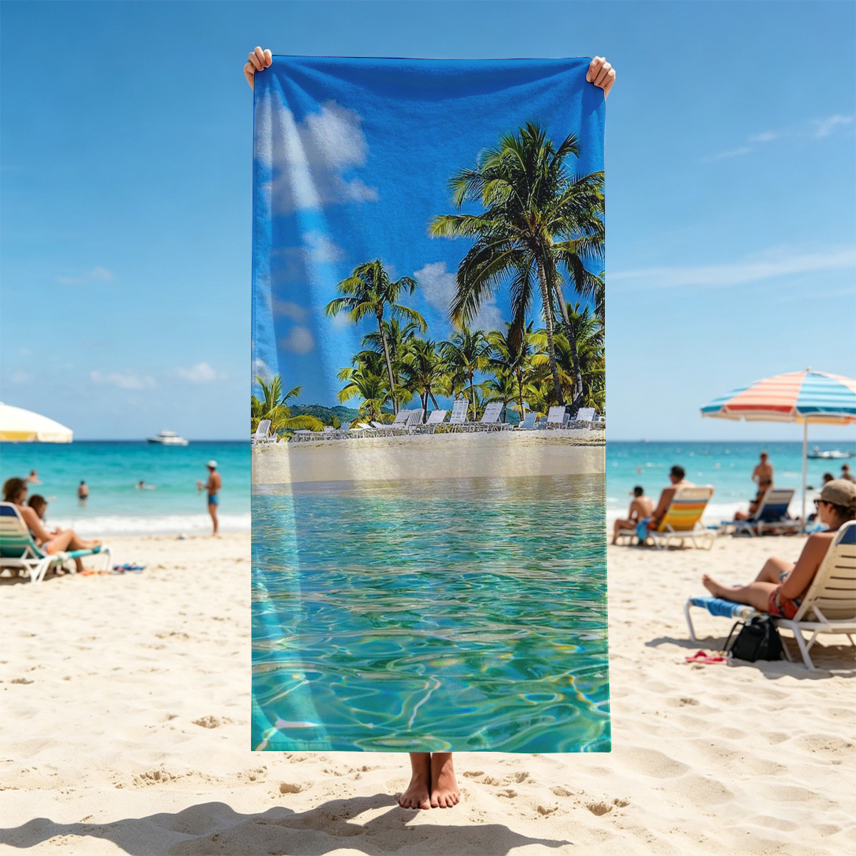 Crystal clear waters meet sandy beach with palm trees and lounge chairs under a bright blue sky. - Beach towels