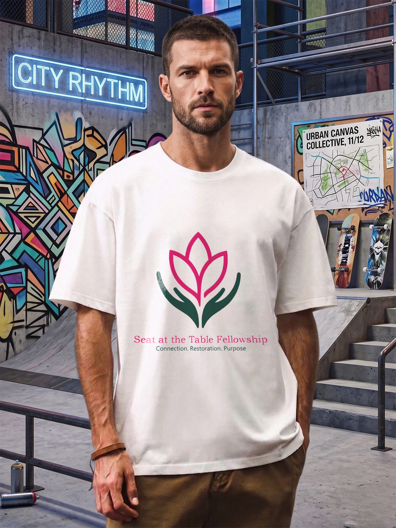 Men's Printed T-Shirt Seat at the Table Fellowship Lotus Hands Design Casual Round Neck Summer Lightweight Breathable Short Sleeve T-Shirt for Spiritual Community Events and Daily Wear Adult Men