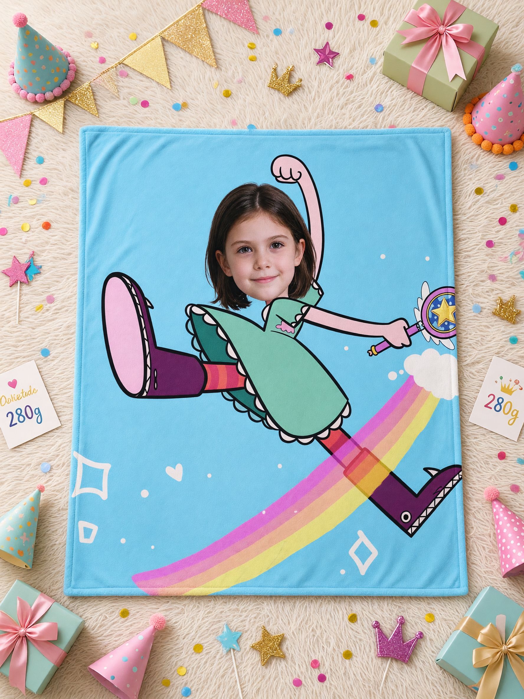 Custom Face Photo Blanket Personalized Magical Cartoon Rainbow Flannel Throw, Soft Keepsake Gift for Kids and Family