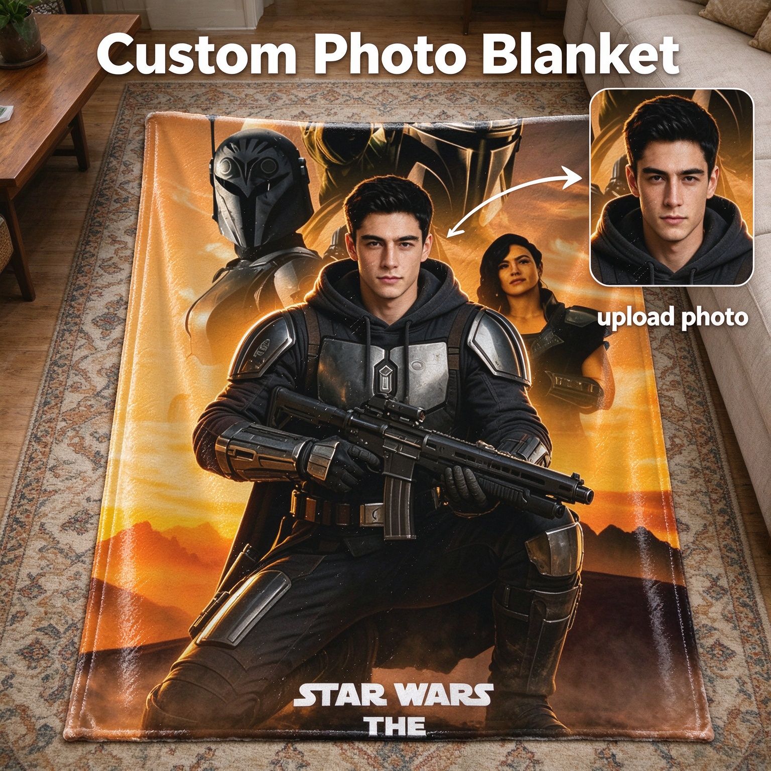 Custom Photo Face Blanket Personalized Galactic Warrior Flannel Fleece Throw Soft Anti-Pilling Cozy Bed Sofa Keepsake