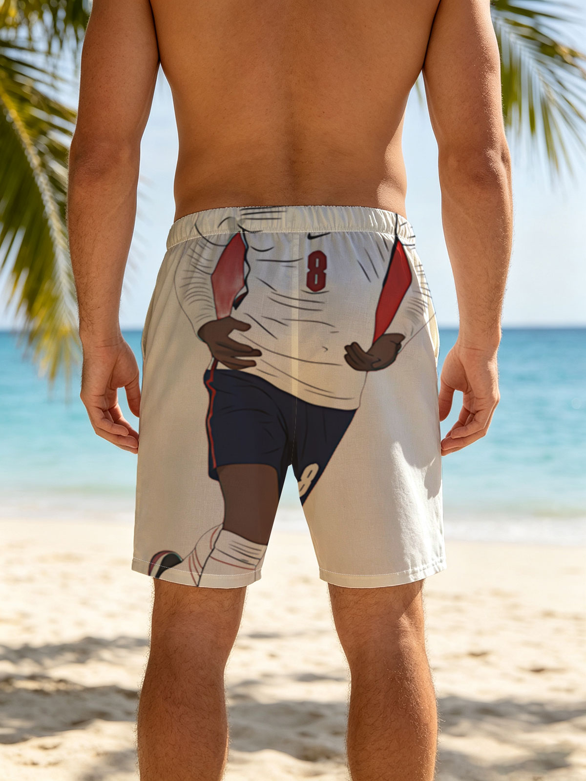 Soccer Player in White Jersey with Number 8 on Red Background -  Beach shorts