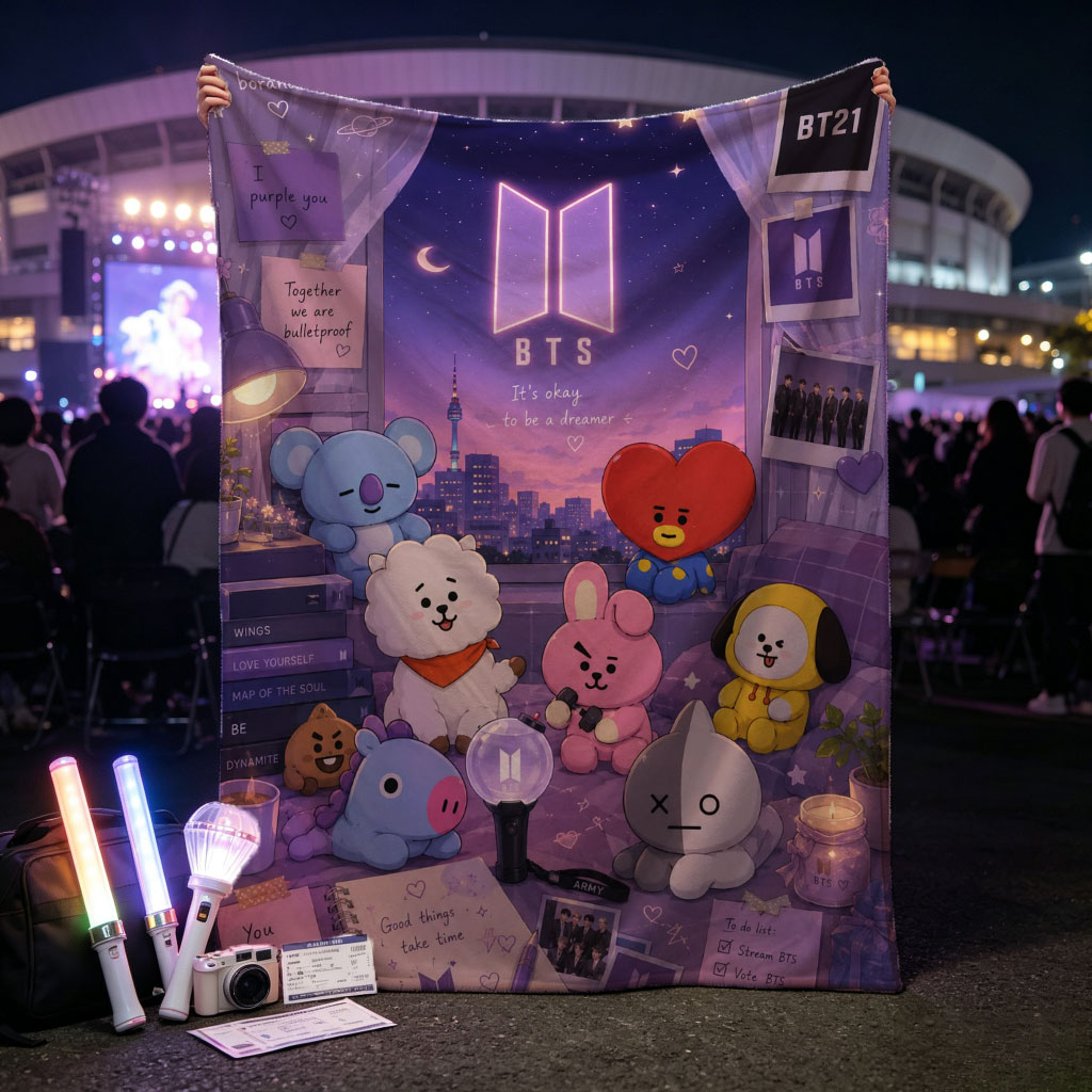 BTS BT21 Characters in a Cozy Room with City View and Dreamy Night Sky Decor - Blankets