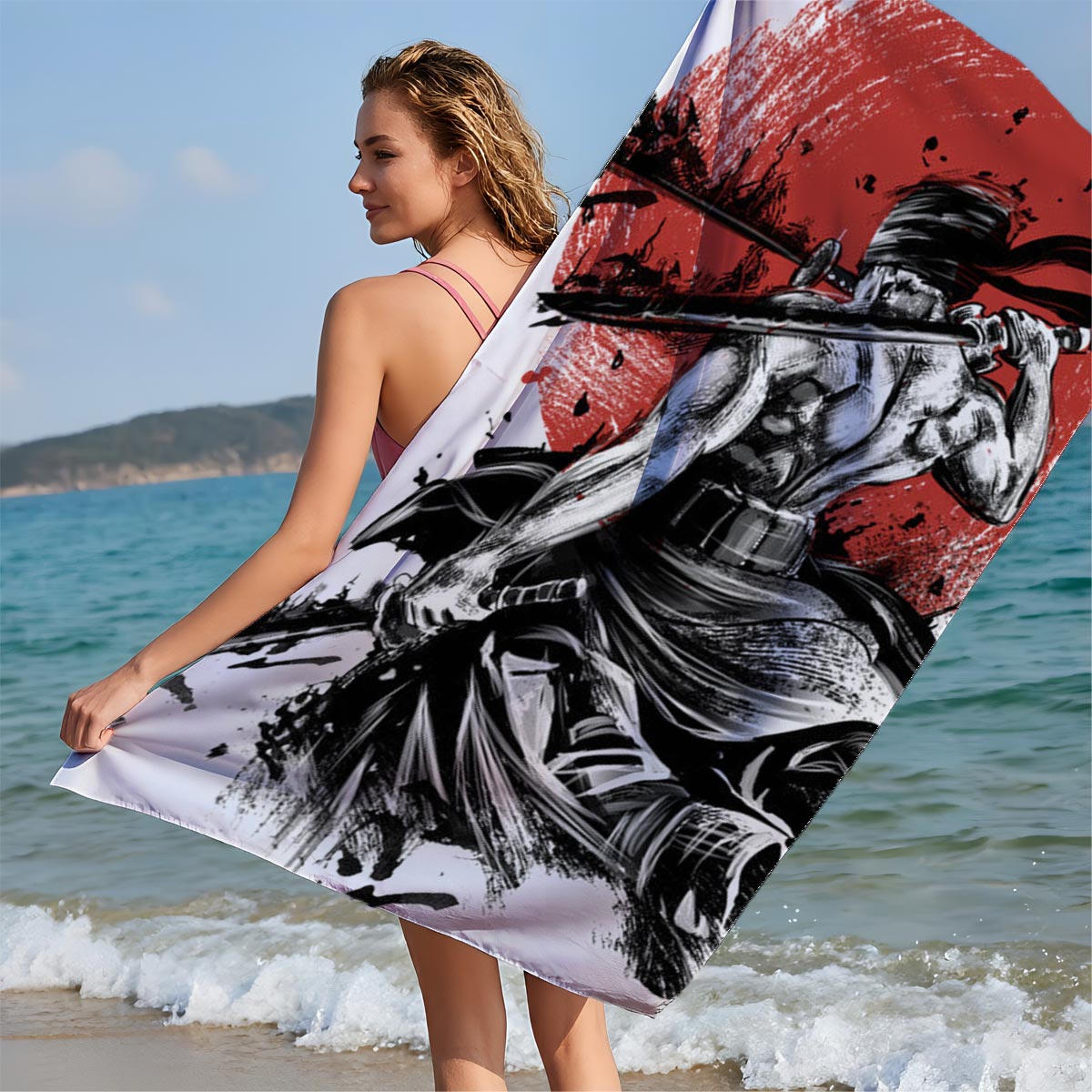 Samurai Warrior with Three Swords Against Red Sun Background - Beach towels