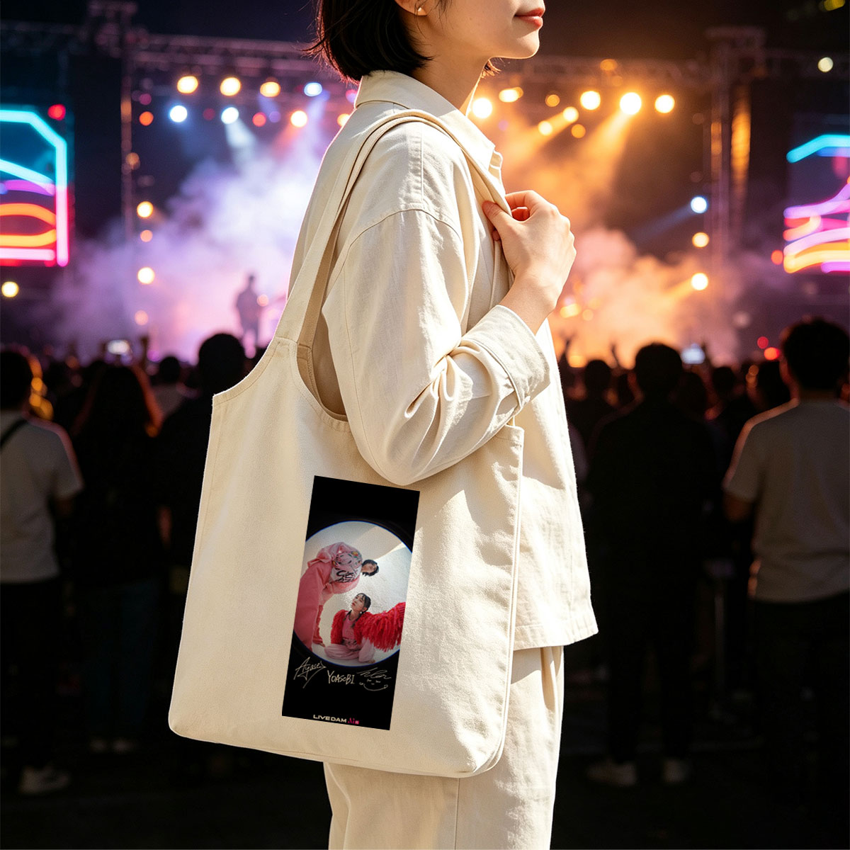 YOASOBI Live Performance in Vibrant Pink Outfits with Fisheye Lens Effect - Canvas shoulder bags/