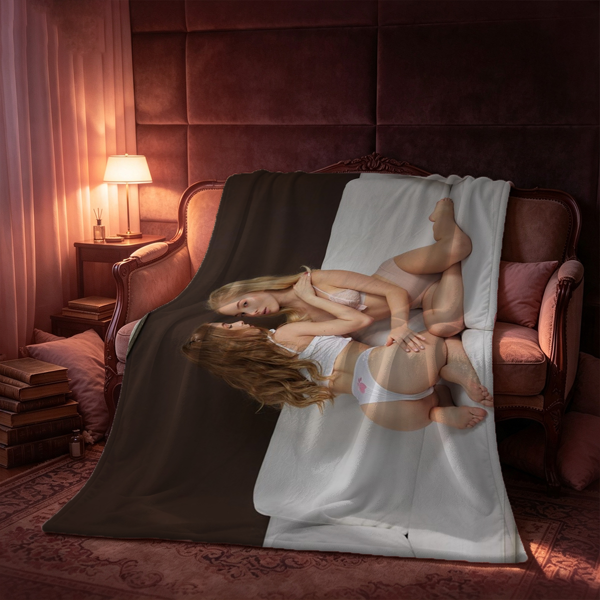 A woman in a purple satin bodysuit and black stockings posing in a shower. - Blanket