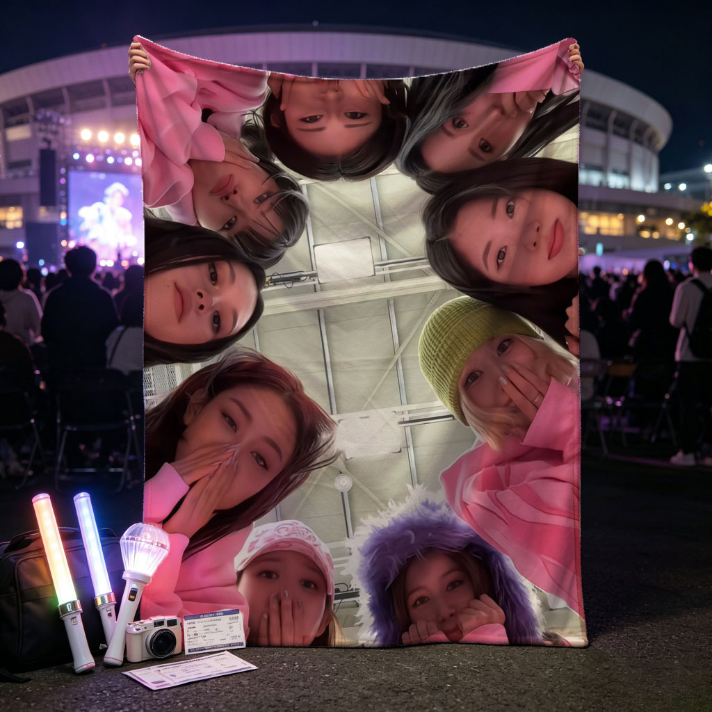 NewJeans Group Photo in Pink Outfits Forming a Circle with Playful Expressions - Blankets
