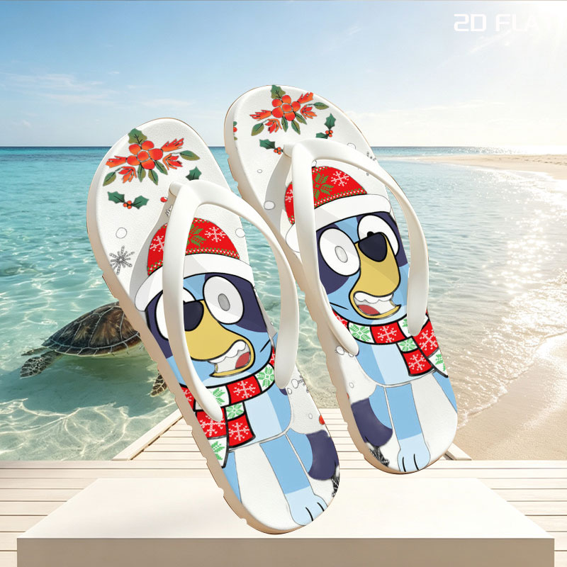 Bluey in Christmas Hat and Scarf, Festive Holiday Scene -  flip-flops