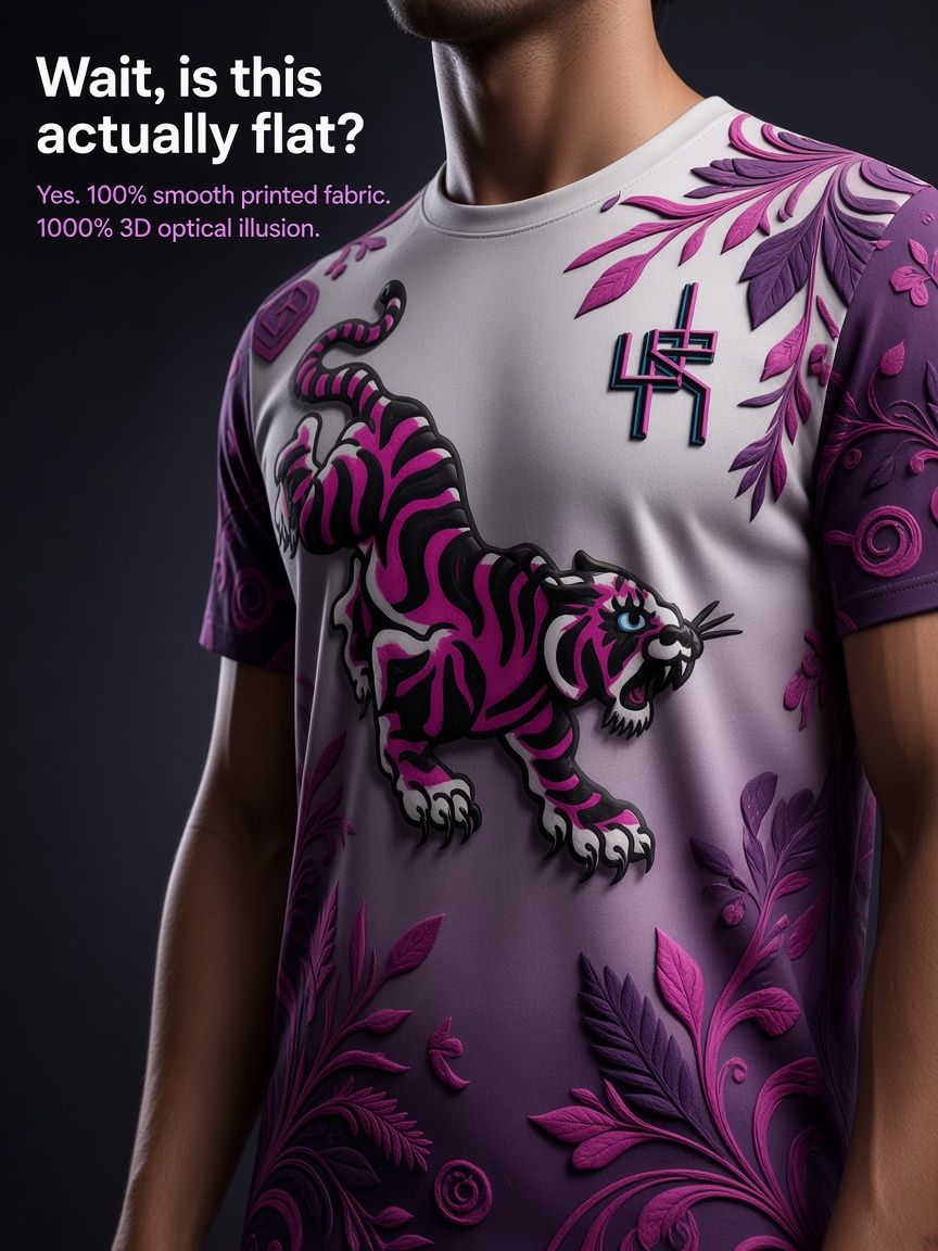 Purple Tiger Floral 3D Optical Illusion Graphic Tee Breathable Athletic Mesh T-Shirt Casual and Sports Wear