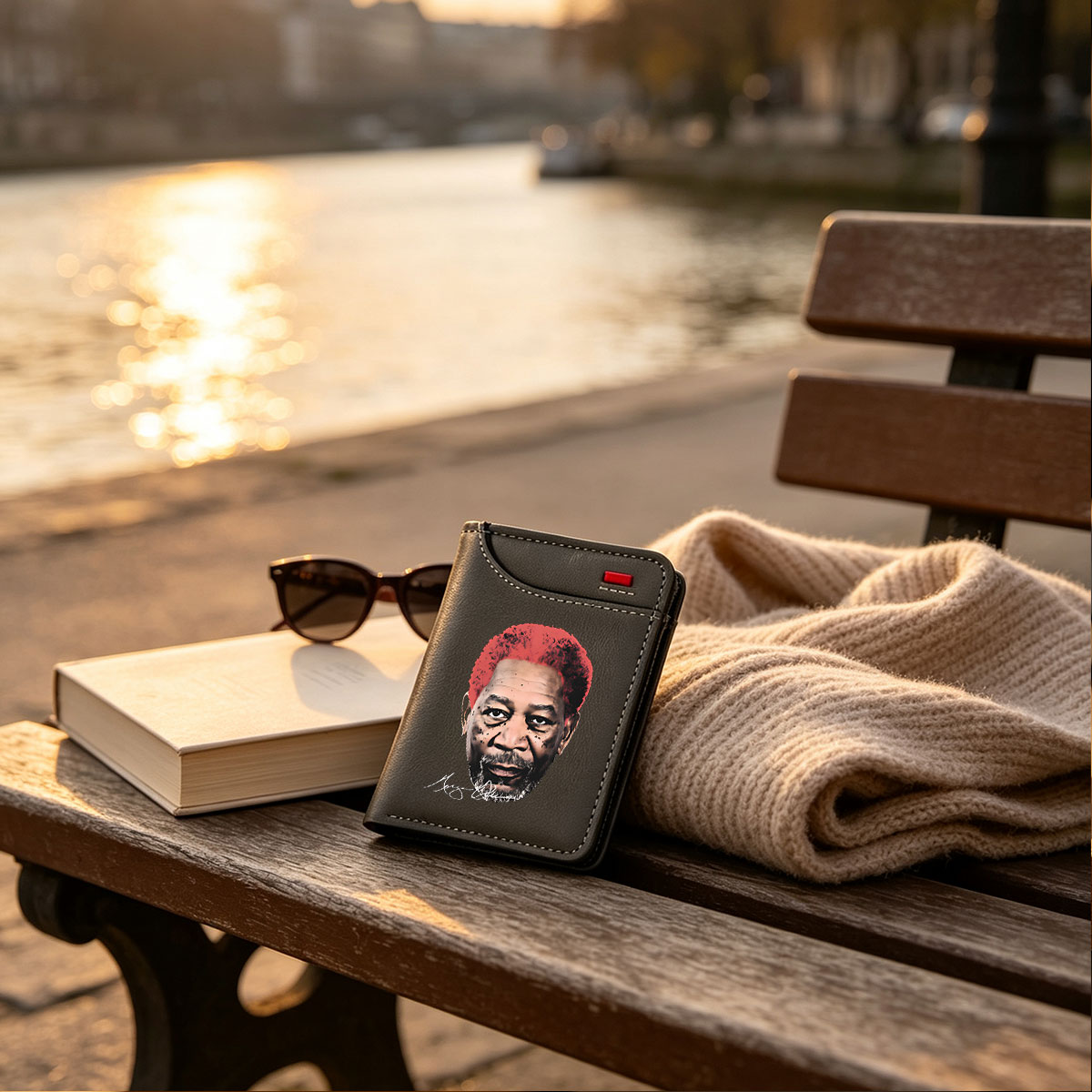Morgan Freeman Portrait with Red Hair and Signature - Vertical Style Wallet
