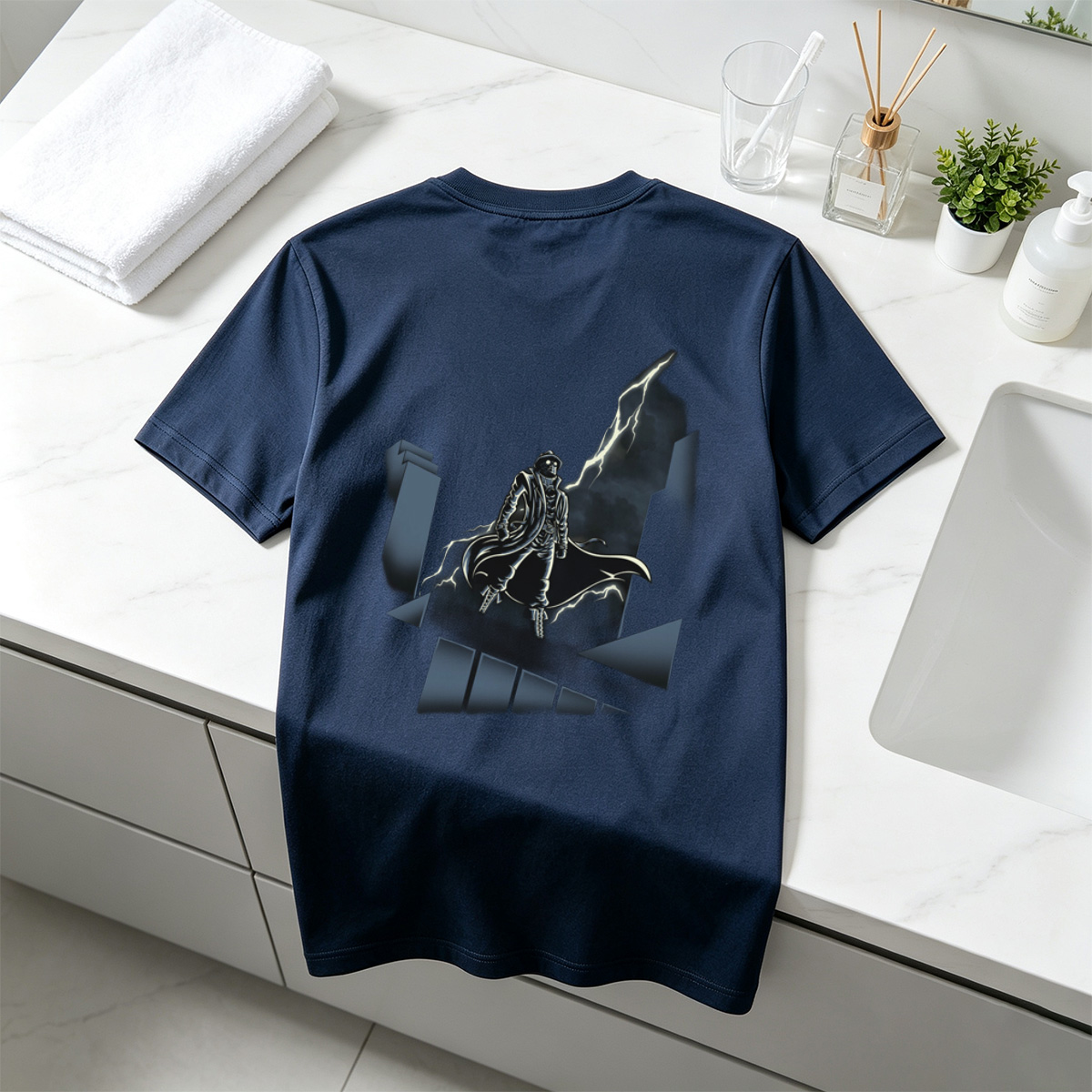 The Shadow of the Storm: Dark Hero on Rooftop - Tee