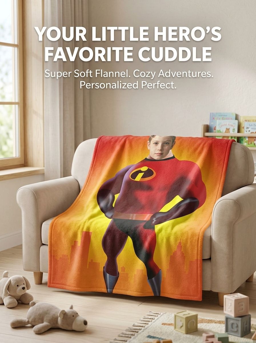 Custom Face Superhero Flannel Blanket, Personalized Photo Cutout Throw Fleece for Kids and Adults, Ideal Birthday Gift