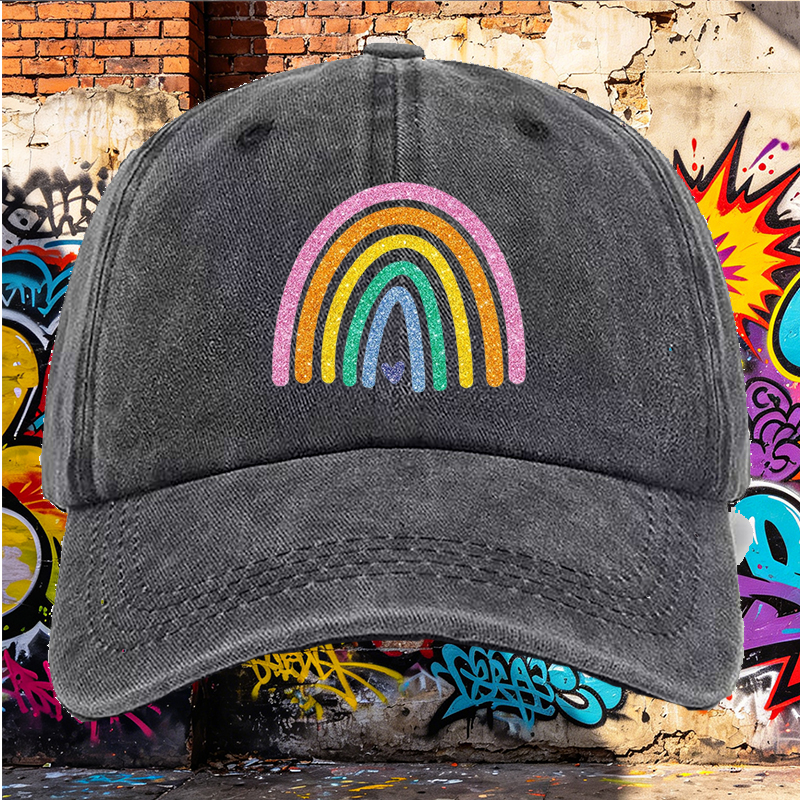 Men's Printed Washed Cap with Glitter Rainbow Heart Design - Casual Round Brim Summer Lightweight Cotton Hat for Outdoor Activities, Beach, Travel - Ideal for Young Adults and Trendy Men