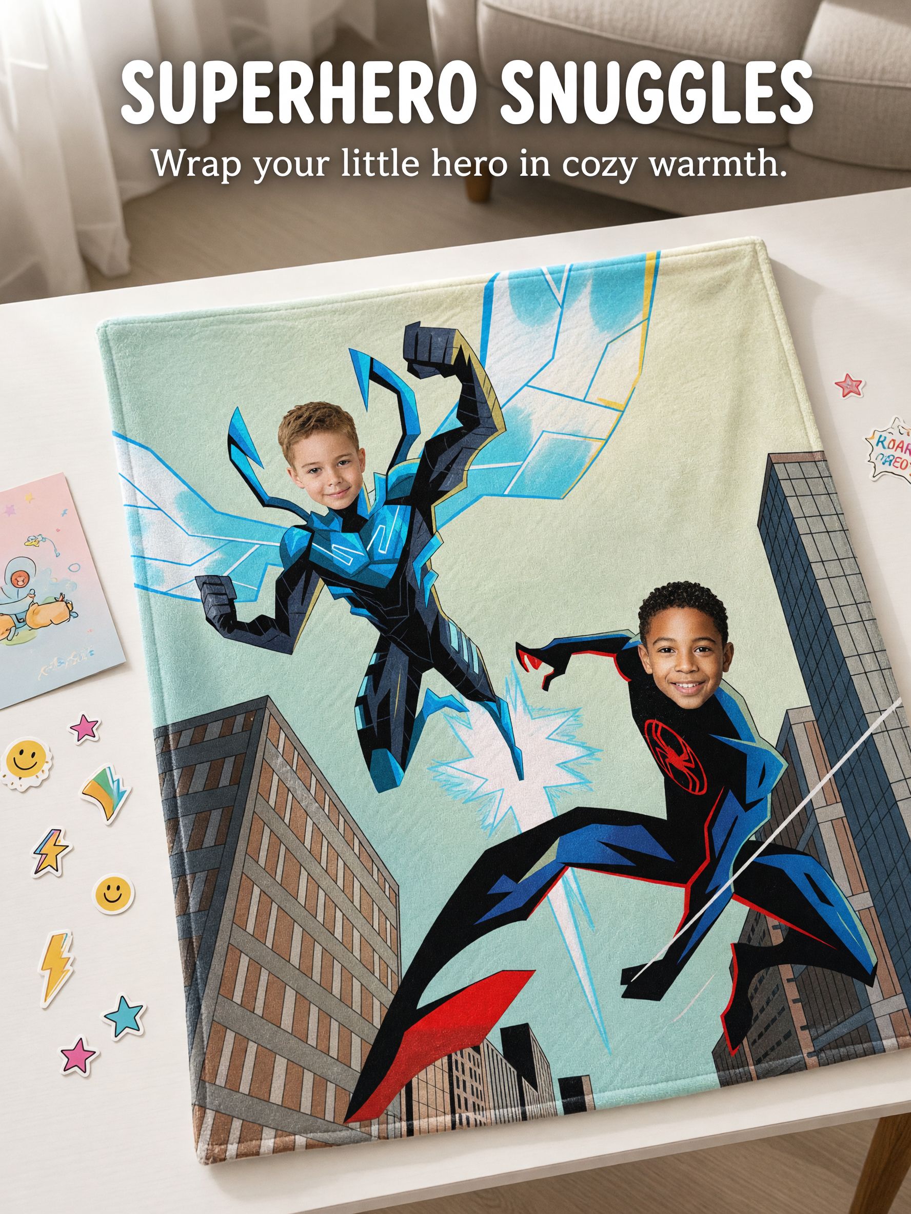 Custom Superhero Face Blanket Personalized Photo Flannel Throw Soft Warm Anti Pilling Bed Couch Blanket for Kids Gift