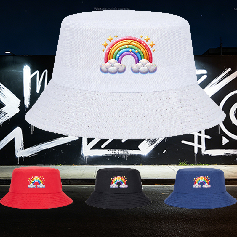 Unisex Rainbow Print Bucket Hat with Sparkling Stars and Clouds Design, Classic Cotton Fisherman Hat for Outdoor Activities, Beach, Travel, and Casual Wear, Perfect for Adults and Teens Seeking Fun and Colorful Fashion Accessory