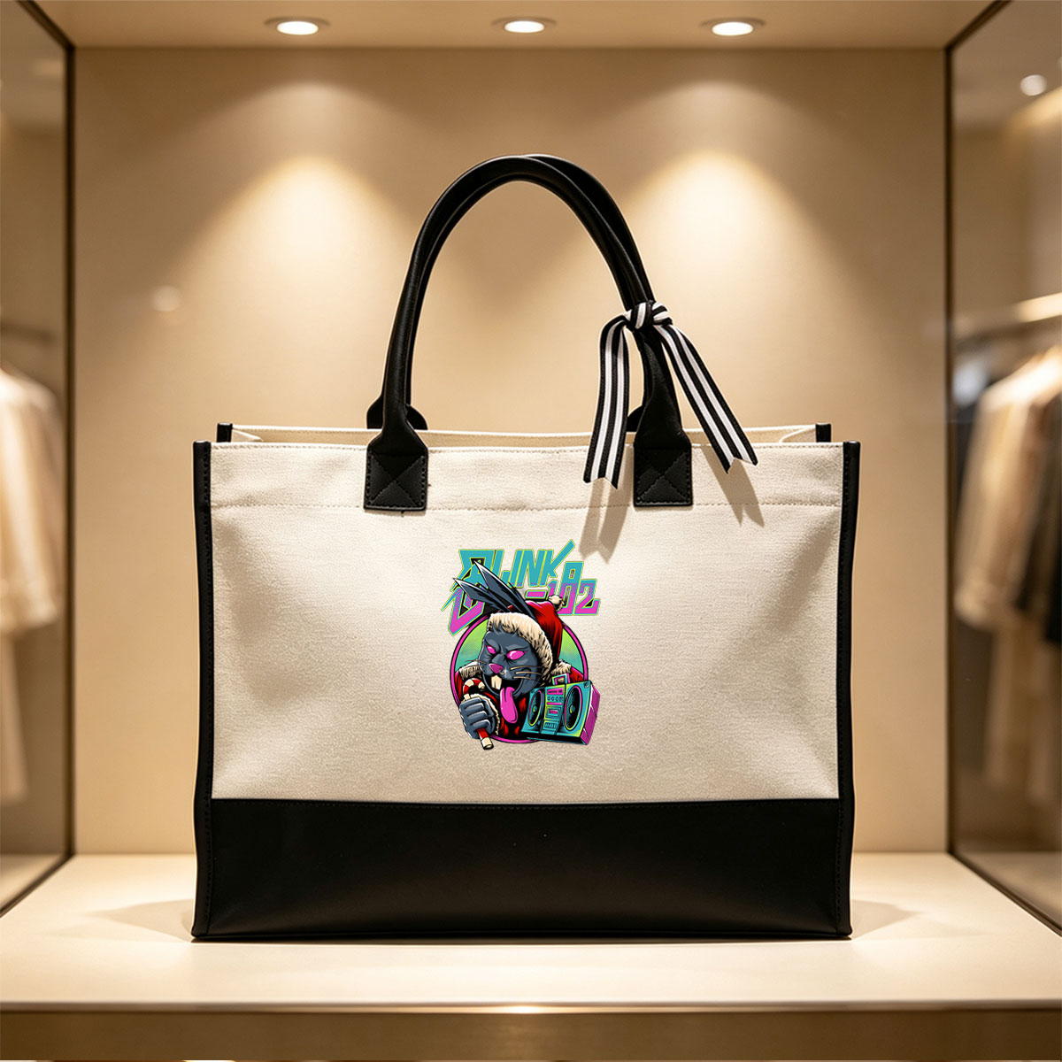 Blink-182: Animated Rabbit with Boombox and Candy Cane - Canvas patchwork gift tote bag