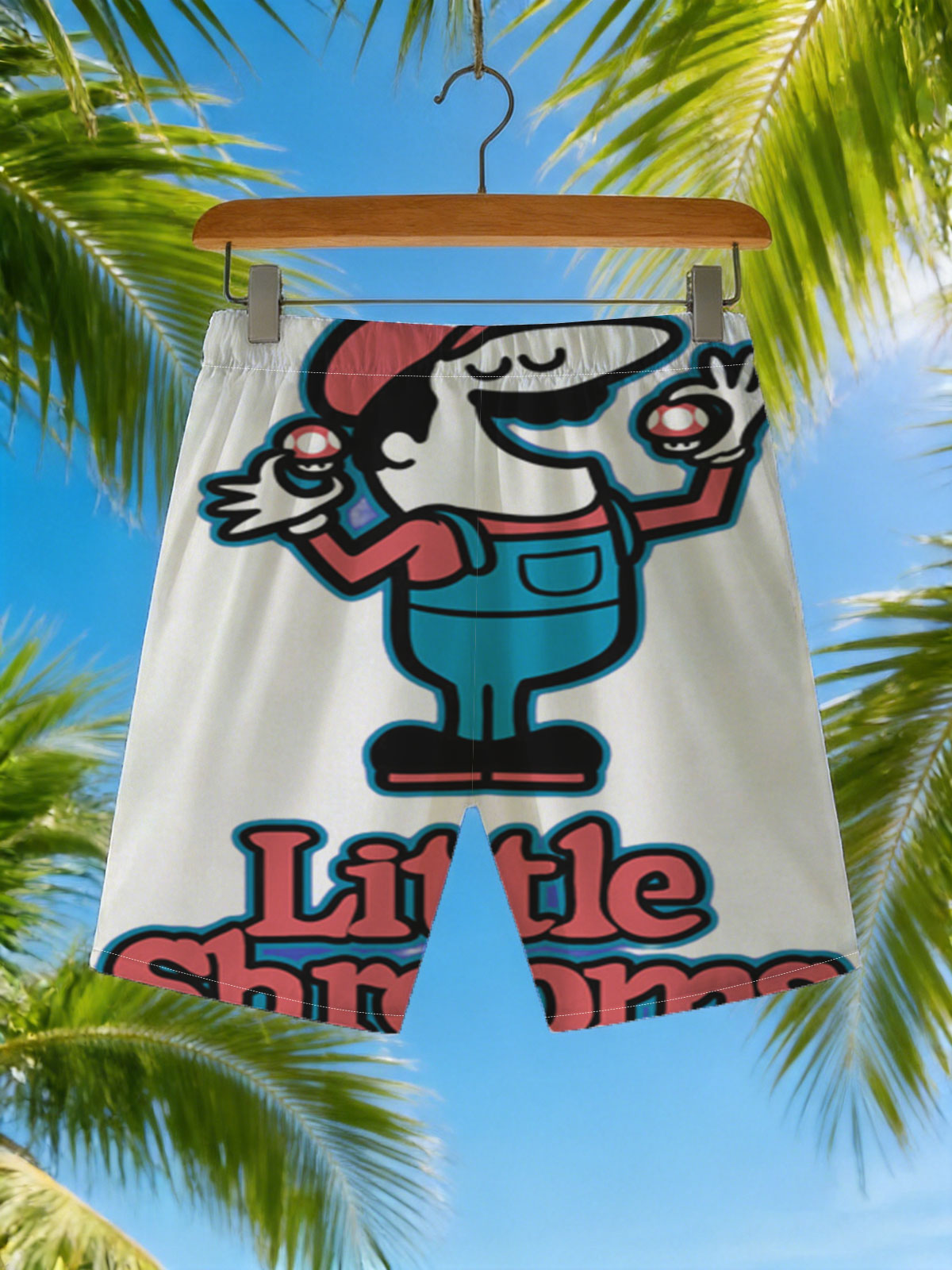 Little Shrooms: Mario-Inspired Mushroom Character with Red Caps and Blue Overalls -  Beach shorts