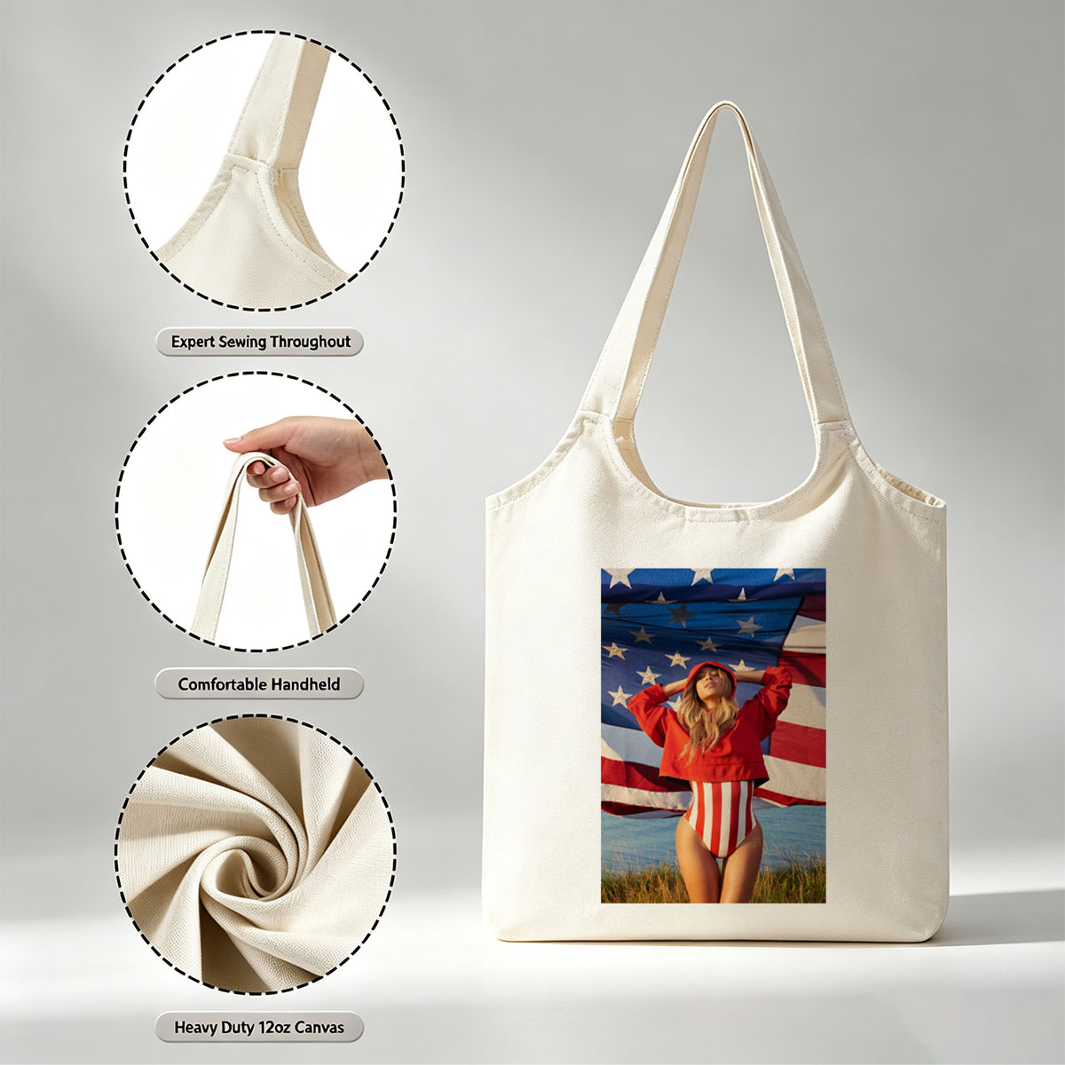 Beyonce in Red Hoodie and Striped Bodysuit Standing Before American Flag by the Beach - Canvas shoulder bags/