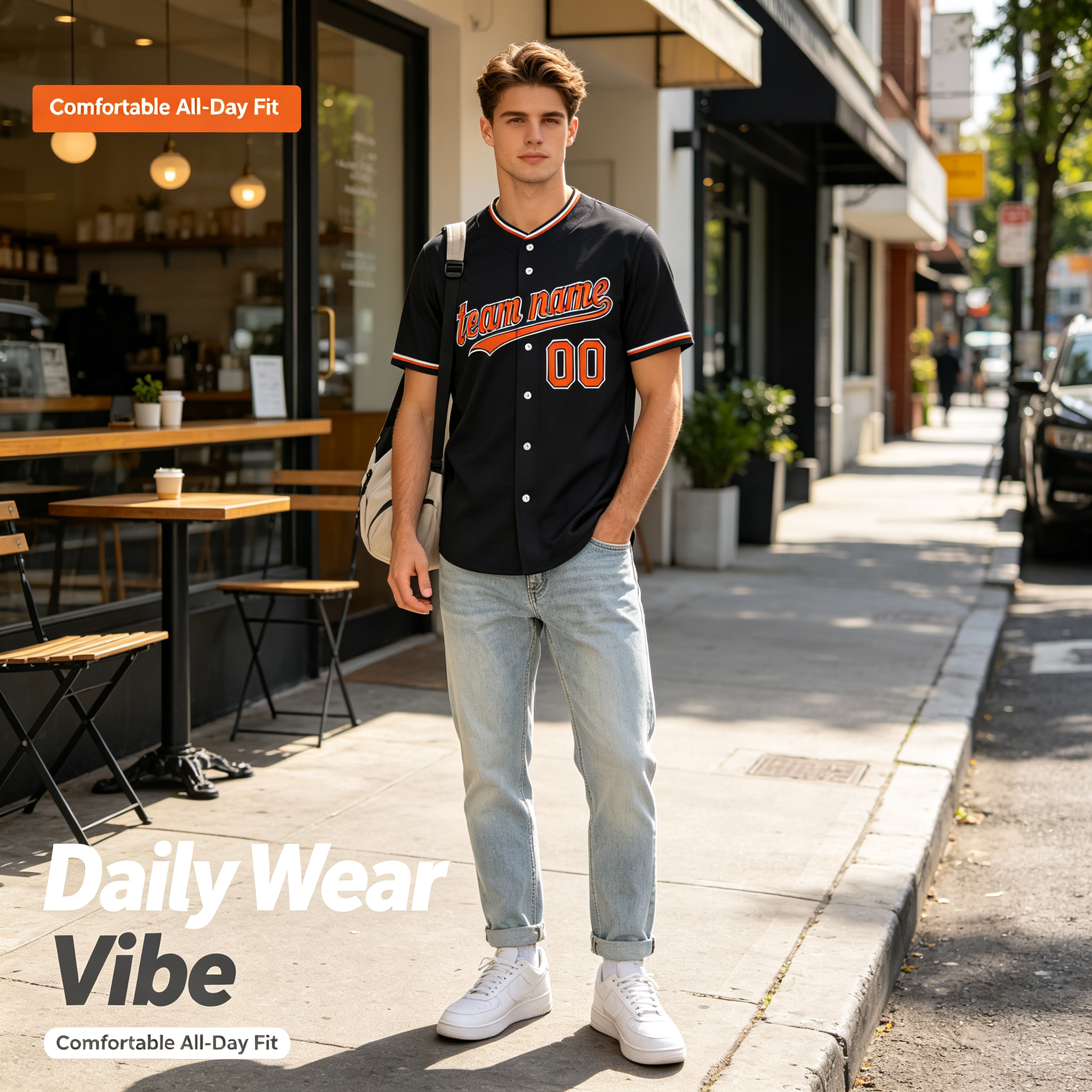 Custom Printed Detroit Script Style Baseball Jersey Anthracite Charcoal Orange Trim Button Down Shirt for Men and Women