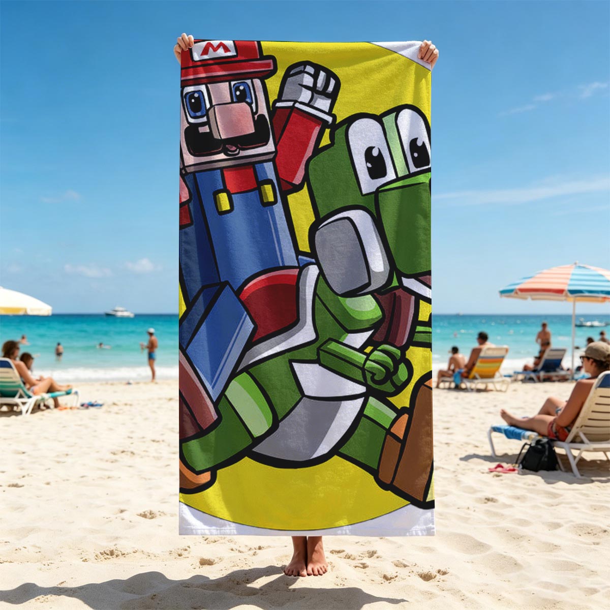 Mario and Yoshi in Action with Toad and Mushrooms - Beach towels