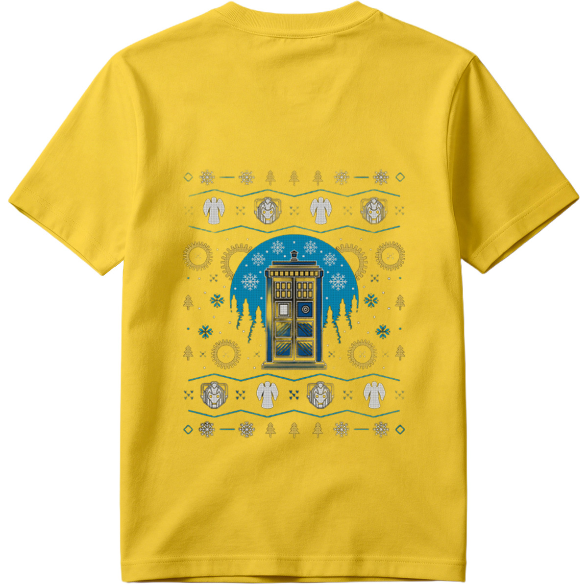 Doctor Who Christmas Sweater Design Featuring TARDIS, Weeping Angels, and Cybermen - Tee