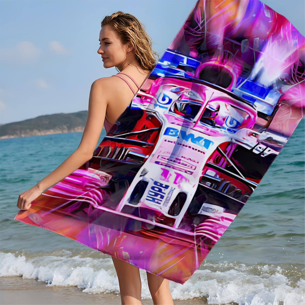 F1 Racing Car in Vibrant Motion Art - Beach towels