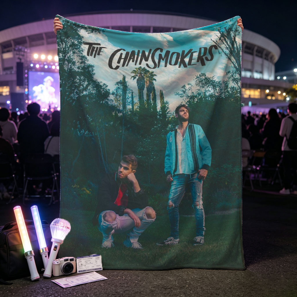 The Chainsmokers in a Lush Garden with Palm Trees and Vibrant Outfits - Blankets