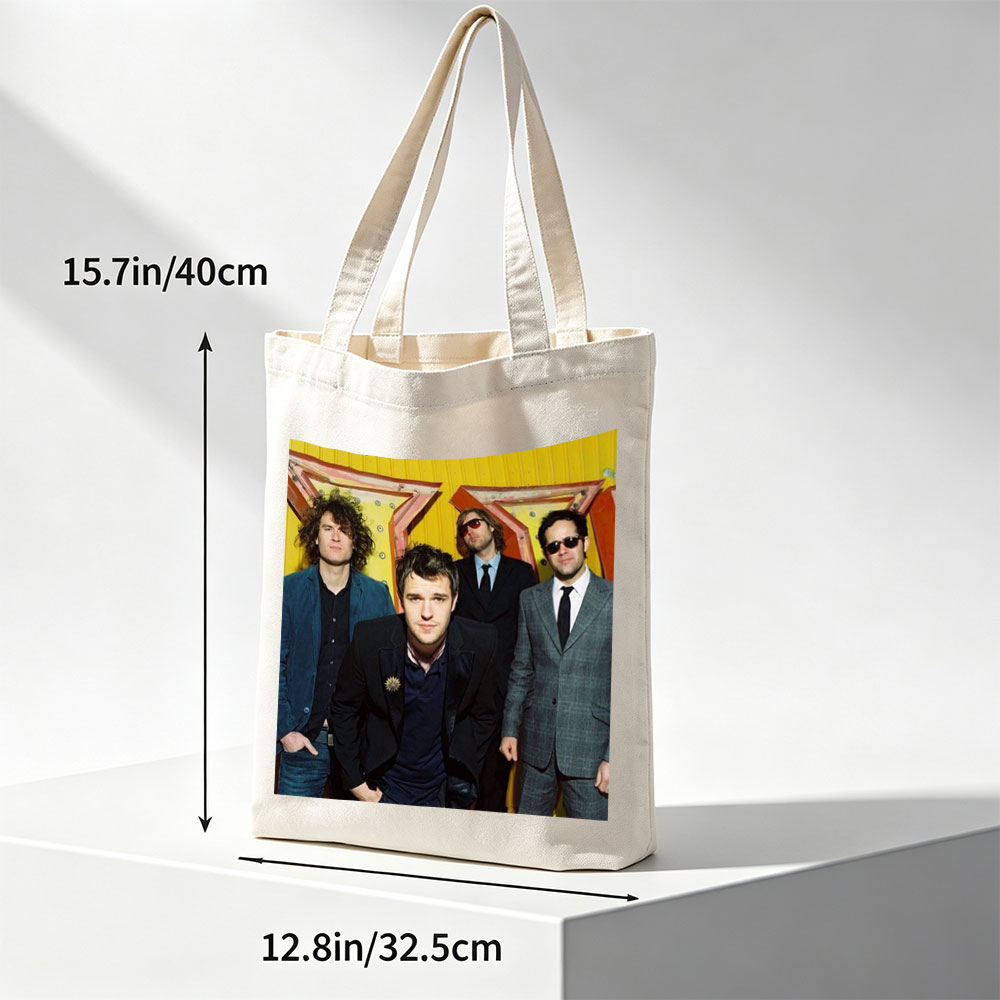 The Killers Band Members in Formal Wear Against a Vibrant Yellow Background - Canvas tote bags